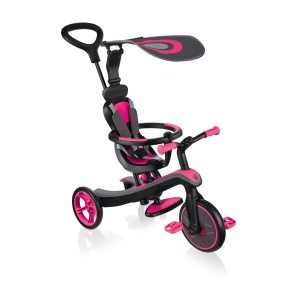 Tricicleta Globber EXPLORER 4 in 1, functie free wheel, scaun ajustabil, roti EVA, centura siguranta in 5 puncte, culoare roz