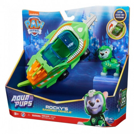 Set Paw Patrol, Vehicul cu peste ferastrau Aqua Pups si figurina Rocky