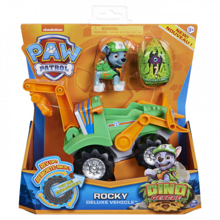 PATRULA CATELUSILOR SET VEHICUL CU CATELUS ROCKY SI FIGURINA DINO SURPRIZA