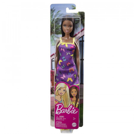 Papusa Barbie Satena, cu rochita mov cu fluturasi