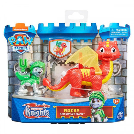 Set 2 Figurine Paw Patrol Rescue Knights - Rocky si Dragonul Flame