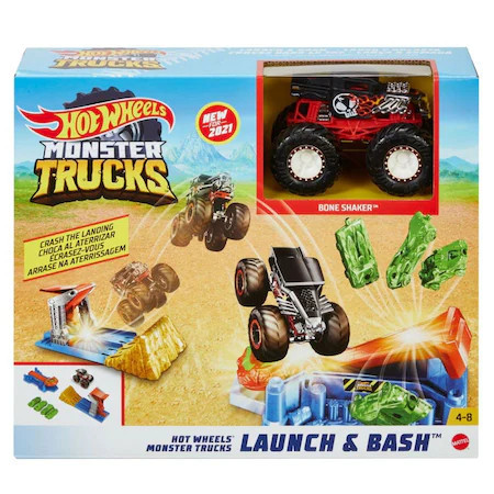 Pista Hot Wheels Monster Trucks Launch and Bash si Bone Shaker