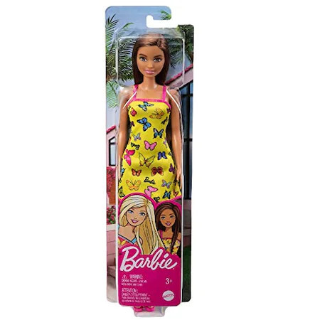 Papusa Barbie Satena, cu rochita galbena cu fluturasi