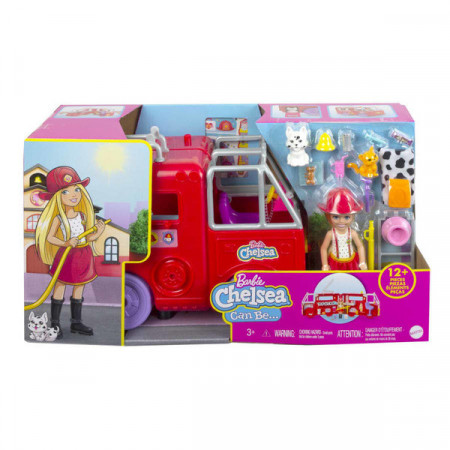 Set de joaca Barbie, papusa Chelsea cu masina de pompieri transformabila in casuta si accesorii