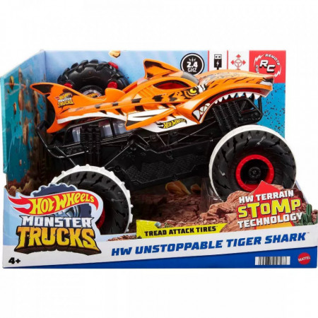 Masinuta cu Telecomanda Hot Wheels Monster Truck, Unstoppable Tiger Shark 1:15