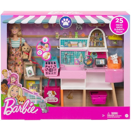Papusa Barbie blonda cu magazin de animale si 25 de accesorii, 30 cm
