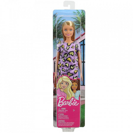 Papusa Barbie clasic look, rochie mov cu animal print