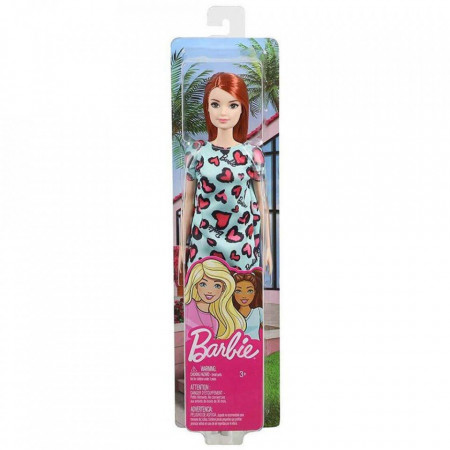 Papusa Barbie clasic look, rochie Turcoaz cu animal print, roscata