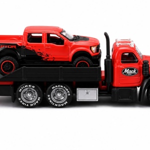 MAISTO DESIGN ELITE TRANSPORT SET CAMION CU RAMPA MACK B 61 FLATBED 1953 SI MASINUTA FORD F150 RAPTOR 2021 SCARA 1 LA 64 - Img 4