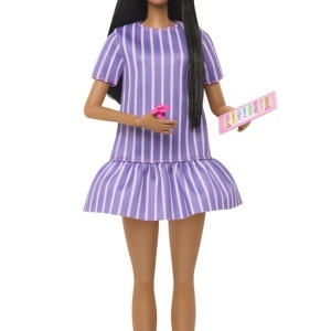 Papusa Barbie Fashionistas bruneta, rochie mov dungata, multicolor, 32.5x10x5cm - Img 5