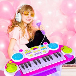 INSTRUMENT MUZICAL PIANINA ELECTRONICA MALPLAY CU SCAUN SI MICROFON 45 CM INALTIME ROZ - Img 5