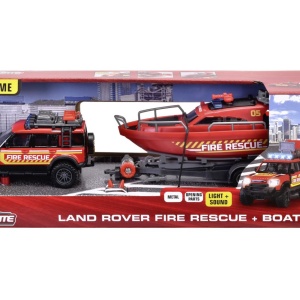 MAJORETTE SET MASINA DE POMPIERI LAND ROVER SI BARCA DE SALVARE