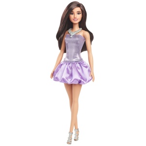 Papusa Barbie Fashionistas cu Rochita Mov si Colier - Img 2