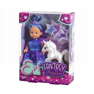 Papusa Evi Love Set Printesa Fantezie cu Unicorn 12cm, albastru-violet, 3 ani