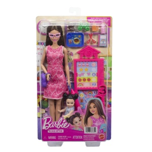 Set de joacă papusa Barbie bruneta cu rochie roz, 32.5cm, 19x6.5cm