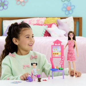 Set de joacă papusa Barbie bruneta cu rochie roz, 32.5cm, 19x6.5cm - Img 5