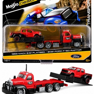MAISTO DESIGN ELITE TRANSPORT SET CAMION CU RAMPA MACK B 61 FLATBED 1953 SI MASINUTA FORD F150 RAPTOR 2021 SCARA 1 LA 64