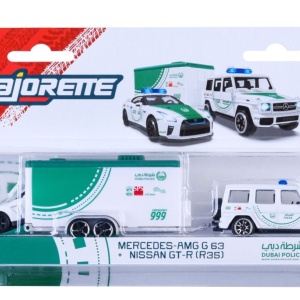 MAJORETTE SET REMORCA DE POLITIE DUBAI DELUXE MERCEDES AMG G63 SI MASINUTA NISSAN GT-R R35