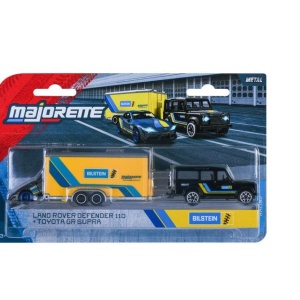 MAJORETTE TRANSPORTER SET REMORCA DE CURSE DELUXE LAND ROVER DEFENDER 110 SI MASINUTA TOYOTA GR SUPRA