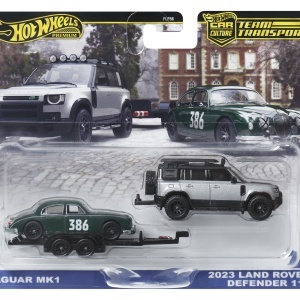 HOT WHEELS TRANSPORTATOR LAND ROVER DEFENDER 110 2023 CU MASINUTA JAGUAR MK1 SCARA 1 LA 64