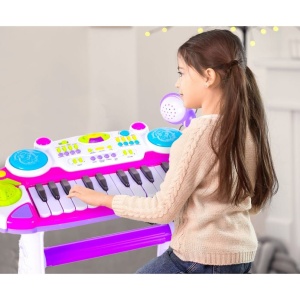 INSTRUMENT MUZICAL PIANINA ELECTRONICA MALPLAY CU SCAUN SI MICROFON 45 CM INALTIME ROZ - Img 6