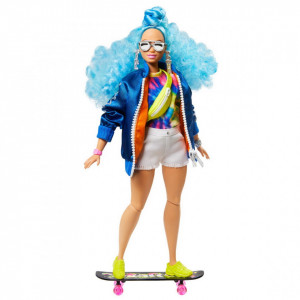 Papusa Barbie Extra Style Par Albastru Carliontat, cu SkateBoard si 2 Pisicute - Img 7