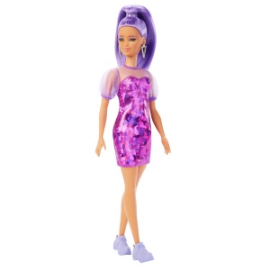 PAPUSA BARBIE FASHIONISTA CU PAR MOV CU ROCHIE CU UMERI BUFANTI - Img 3