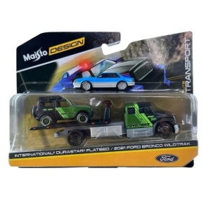 MAISTO DESIGN ELITE TRANSPORT SET CAMION CU RAMPA INTERNATIONAL DURASTAR FLATBED SI MASINUTA FORD BRONCO WILDTRAK 2021 SCARA 1 LA 64 - Img 2