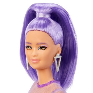 PAPUSA BARBIE FASHIONISTA CU PAR MOV CU ROCHIE CU UMERI BUFANTI - Img 8