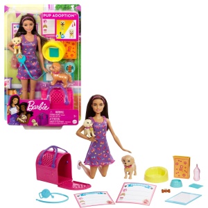 Papusa Barbie You Can Be Anything, Kitul de Adoptie cu 2 Catelusi
