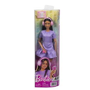 Papusa Barbie Fashionistas bruneta, rochie mov dungata, multicolor, 32.5x10x5cm - Img 2