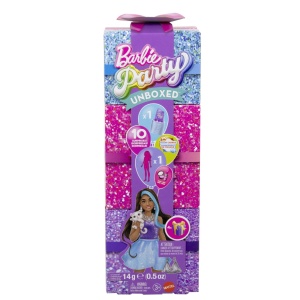 Papusa Barbie Violet Party Unboxed Reveal, cu 10 Accesorii Surpriza