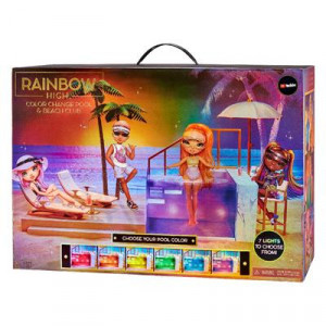 Set de joaca piscina Rainbow High, cu 7 lumini, umbrela pliabila si accesorii