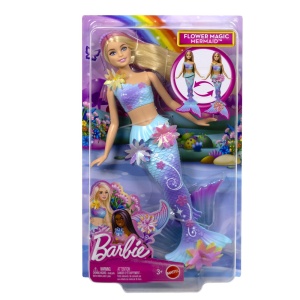 Barbie Papusa Sirena Floarea Magica cu Par Blond si Coada Albastra