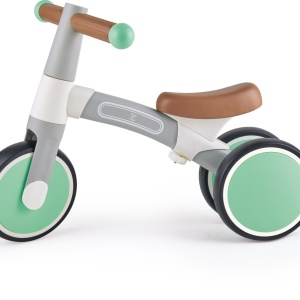 Bicicletă Hape de echilibru verde – vedere laterală cu 3 roți stabile pentru copii mici