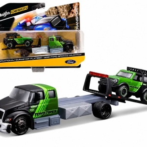 MAISTO DESIGN ELITE TRANSPORT SET CAMION CU RAMPA INTERNATIONAL DURASTAR FLATBED SI MASINUTA FORD BRONCO WILDTRAK 2021 SCARA 1 LA 64