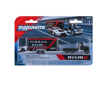MAJORETTE TRANSPORTER SET REMORCA DE CURSE DELUXE MACK GRANITE SI MASINUTA NISSAN GT R NISMO GT 3