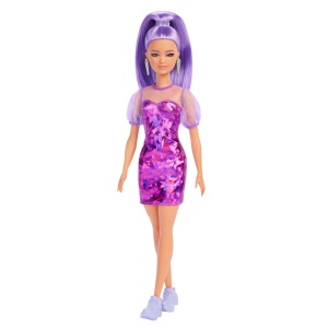 PAPUSA BARBIE FASHIONISTA CU PAR MOV CU ROCHIE CU UMERI BUFANTI - Img 6
