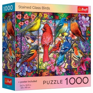 Puzzle Trefl 1000 piese, Pasari din Vitraliu cu Poster Inclus