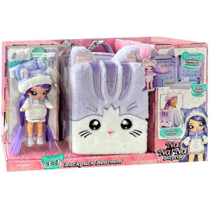 Set papusa Na! Na! Na! Surprise,3 in 1, papusa Lavender Kitty si ghiozdan cu dormitor