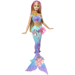 Barbie Papusa Sirena Floarea Magica cu Par Blond si Coada Albastra - Img 3