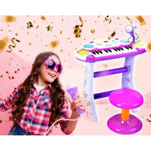 INSTRUMENT MUZICAL PIANINA ELECTRONICA MALPLAY CU SCAUN SI MICROFON 45 CM INALTIME ROZ - Img 4