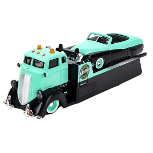 MAISTO DESIGN ELITE TRANSPORT SET CAMION CU RAMPA COE FLATBED SI MASINUTA MERCURY CUSTOM 1950 SCARA 1 LA 64