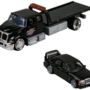 MAISTO DESIGN ELITE TRANSPORT SET CAMION CU RAMPA INTERNATIONAL DURASTAR FLATBED SI MASINUTA MERCEDES BENZ 190E 1990 SCARA 1 LA 64 - Img 2
