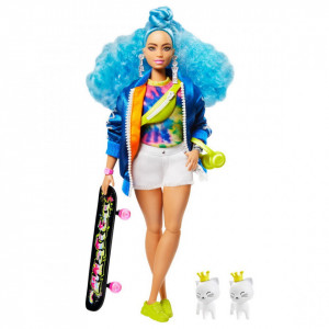 Papusa Barbie Extra Style Par Albastru Carliontat, cu SkateBoard si 2 Pisicute - Img 2