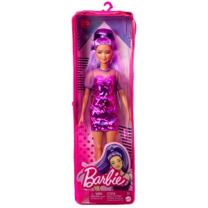 PAPUSA BARBIE FASHIONISTA CU PAR MOV CU ROCHIE CU UMERI BUFANTI - Img 2