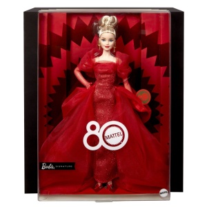 Papusa Barbie Signature Aniversare 80 de Ani Cu Rochie Rosie De Bal - Img 2