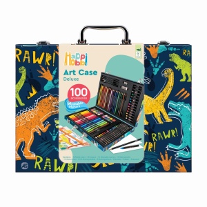 Set de desen copii Happi Hobbi Art Case cu 100 accesorii, cutie Dinozaur