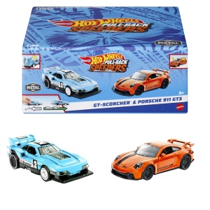 HOT WHEELS SET 2 MASINUTE METALICE PULL BACK GT-SCORCHER SI PORSCHE 911 GT3 1:43 - Img 5