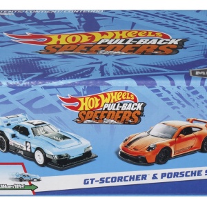 HOT WHEELS SET 2 MASINUTE METALICE PULL BACK GT-SCORCHER SI PORSCHE 911 GT3 1:43
